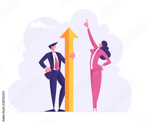 Businesswoman in Formal Wear Pointing with Finger Up to Sky Stand near Businessman Holding Huge Golden Arrow in Hands. Male and Female Characters Business Winners. Cartoon Flat Vector Illustration