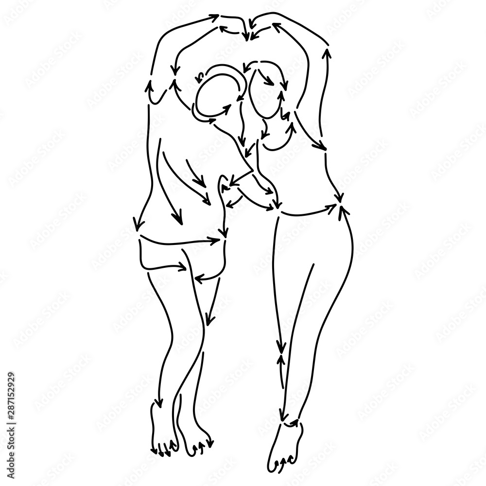 lesbian couple making Love sign made from arrow vector illustration sketch doodle hand drawn with black lines isolated on white background