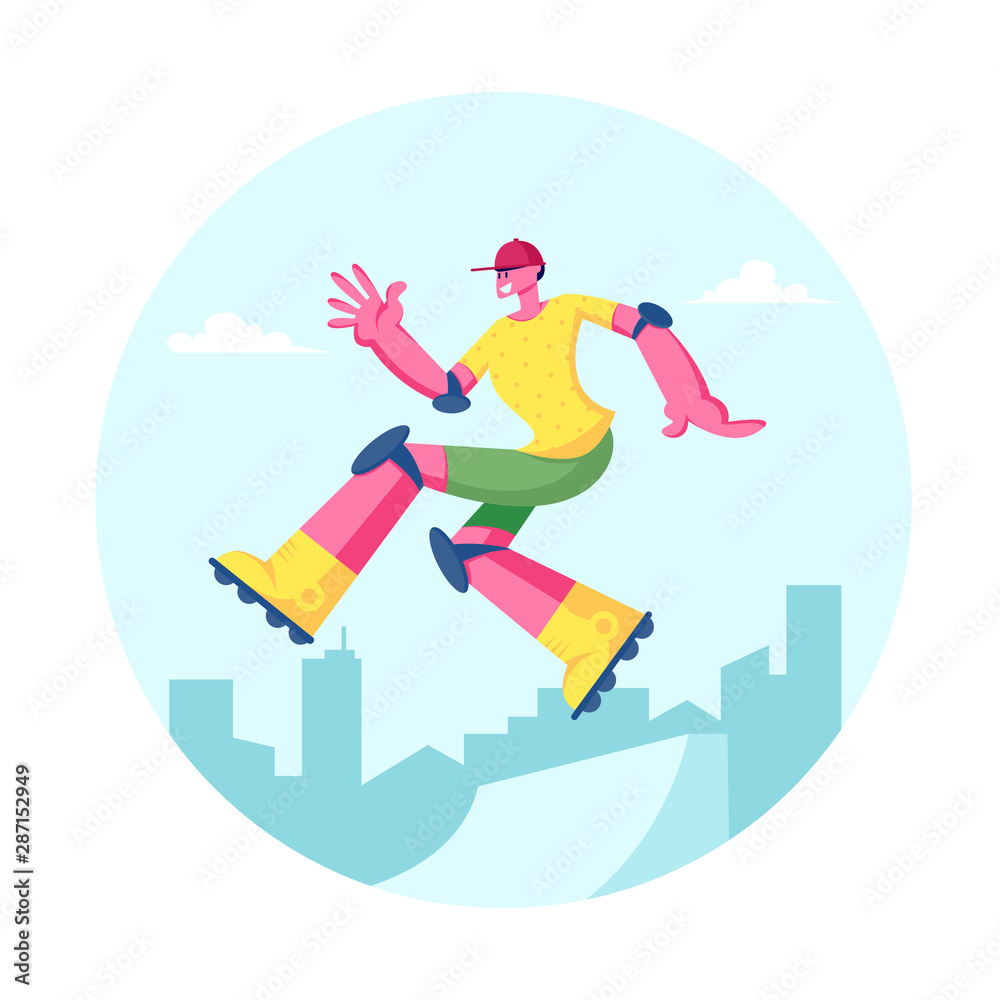 Young Man in Modern Fashioned Clothing and Cap Jumping on Skateboard Young Man in Modern Fashioned Clothing and Cap Jumping on Skateboard