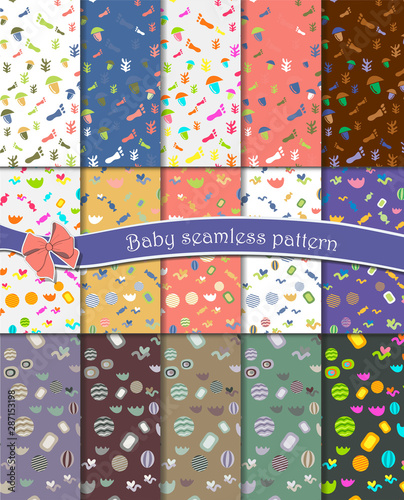 Fun seamless patterns with cute shapes. Great for baby gift wrapping paper, textiles, fabric. Fungus, blot, heart with a ribbon. Vector EPS 10