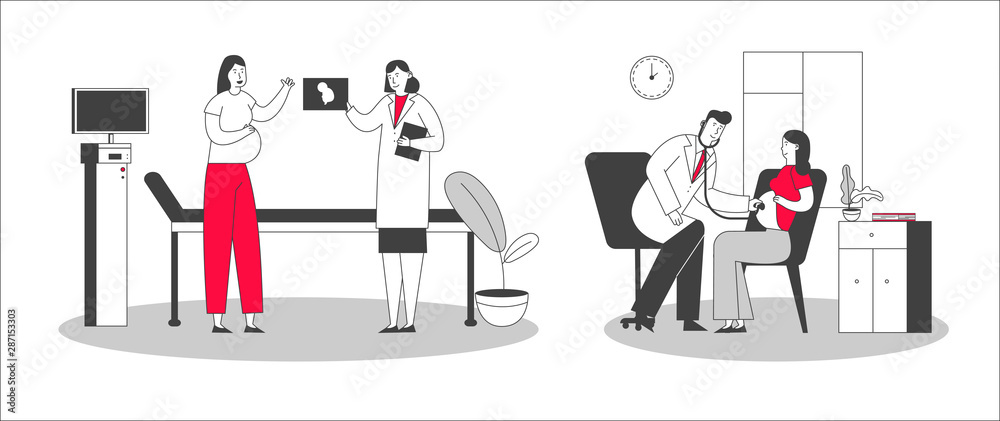 Fototapeta premium Woman Waiting Newborn Baby Visiting Clinic. Pregnant Female Character at Doctor Appointment Medical Check Up. Ultrasound Belly, Listening Baby Heart. Healthy Pregnancy Cartoon Flat Vector Illustration