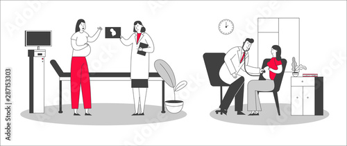 Woman Waiting Newborn Baby Visiting Clinic. Pregnant Female Character at Doctor Appointment Medical Check Up. Ultrasound Belly, Listening Baby Heart. Healthy Pregnancy Cartoon Flat Vector Illustration