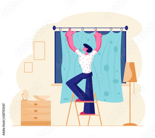 Young Man Stand on Ladder Hanging Curtains on Window in Living Room