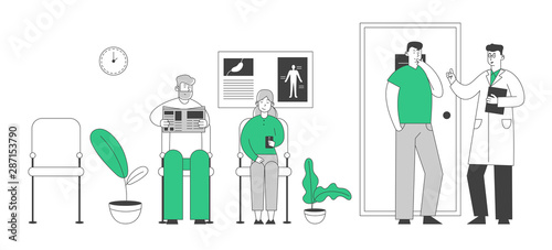 Senior Patients Man and Woman Sitting in Clinic or Hospital Hall Waiting Doctor Appointment for Health Care Treatment Reading Newspaper and Smartphone. Cartoon Flat Vector Illustration, Line Art Style
