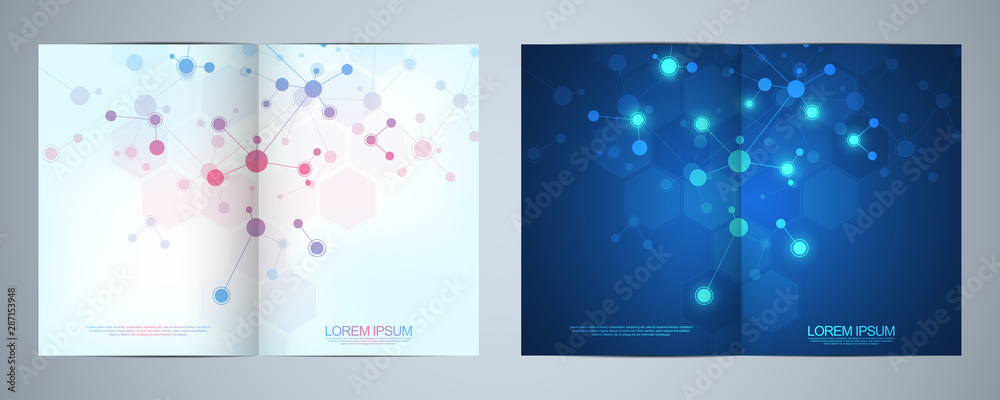 Vector template brochures or cover design, book, flyer, with molecules background and neural network. Abstract geometric background of connected lines and dots. Science and technology concept.