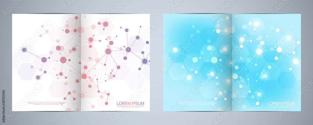Vector template brochures or cover design, book, flyer, with molecules background and neural network. Abstract geometric background of connected lines and dots. Science and technology concept. Vector template brochures or cover design, book, flyer, with molecules background and neural network. Abstract geometric background of connected lines and dots. Science and technology concept.