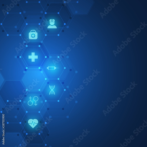 Healthcare and technology concept with flat icons and symbols. Template design for health care business, innovation medicine, science background, medical research. Vector illustration.