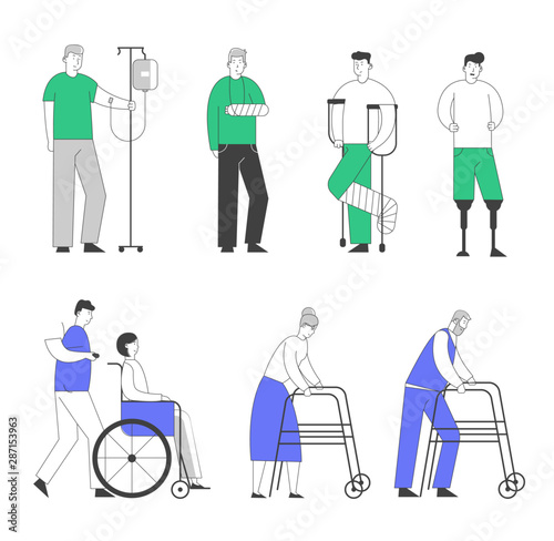 Disability Big Set of Old and Young Disabled People Male and Female Characters Using Wheelchair, Crutches. Man with Broken Leg and Feet Prosthesis, Cartoon Flat Vector Illustration, Line Art Style