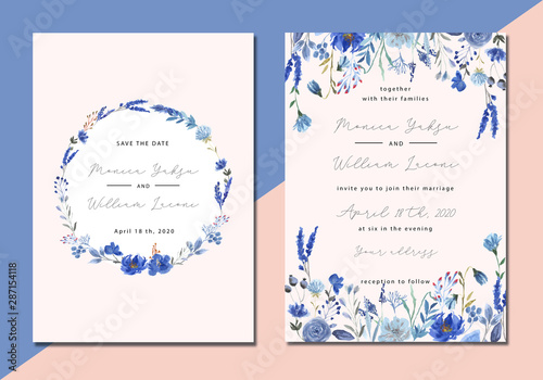 Wallpaper Mural Wedding invitation with blue floral watercolor Torontodigital.ca