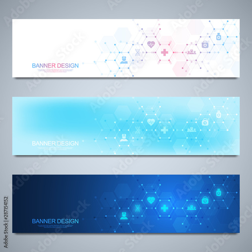 Banners design template for healthcare and medical decoration with flat icons and symbols. Science, medicine and innovation technology concept.