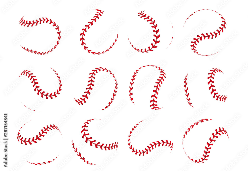 Baseball ball lace. Spherical softball realistic 3D red stroke lines