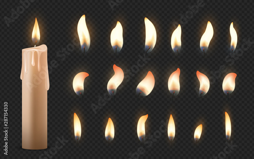 Realistic candles. 3D burning celebration wax candles with different small glowing flames. Vector fire illumination birthday party  church candles set on black transparent background