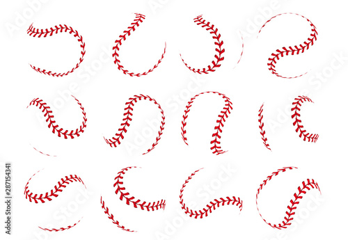 Baseball ball lace. Spherical softball realistic 3D red stroke lines for sport logos and banners. Vector isolated design elements retro sports leather objects with red seam