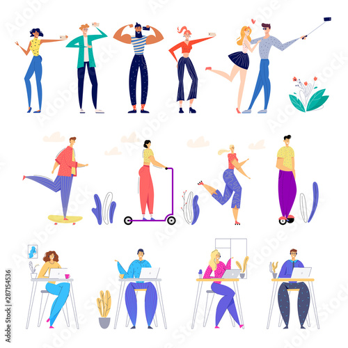 Set of Male and Female Characters Making Selfie and Posing on Photo Camera, Riding Electric Scooters and Hoverboards in City Park, Communicate via Internet on Laptop. Cartoon Flat Vector Illustration