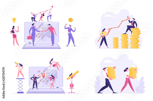 Set of Businesspeople Worldwide Communication and Profit Growth. Male and Female Characters Increasing Money Capital, Using Internet Technologies in Seo Management. Cartoon Flat Vector Illustration