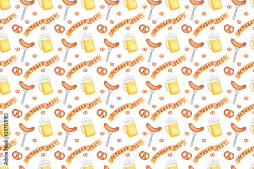 Seamless pattern with beer, glass, sausage, pretzel, banner for oktoberfest. Hand drawn watercolour painting on white background clip art graphic elements for creative design and printable decor.