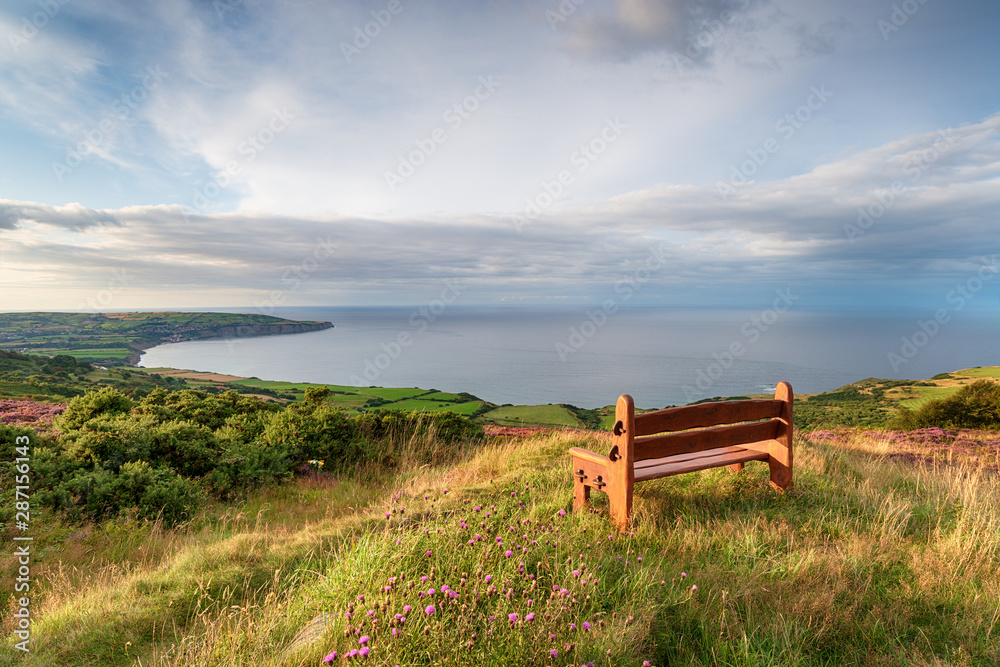 A wooden bench facing out to sea above Ravenscar on the Yorkshire coast