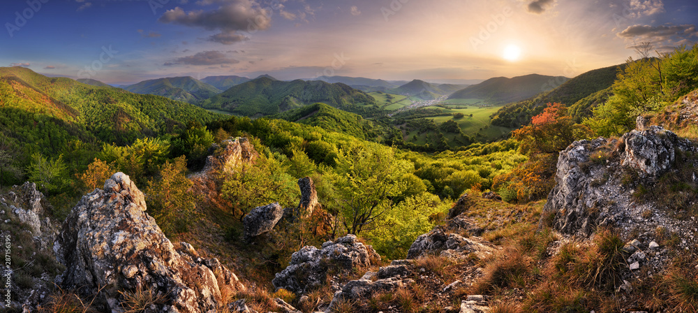 Mountain landscape panorama at spring at sunset - obrazy, fototapety, plakaty 