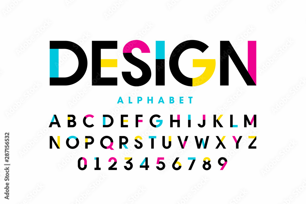 Naklejka Nowoczesna, jasna, kolorowa czcionka, litery i cyfry alfabetu