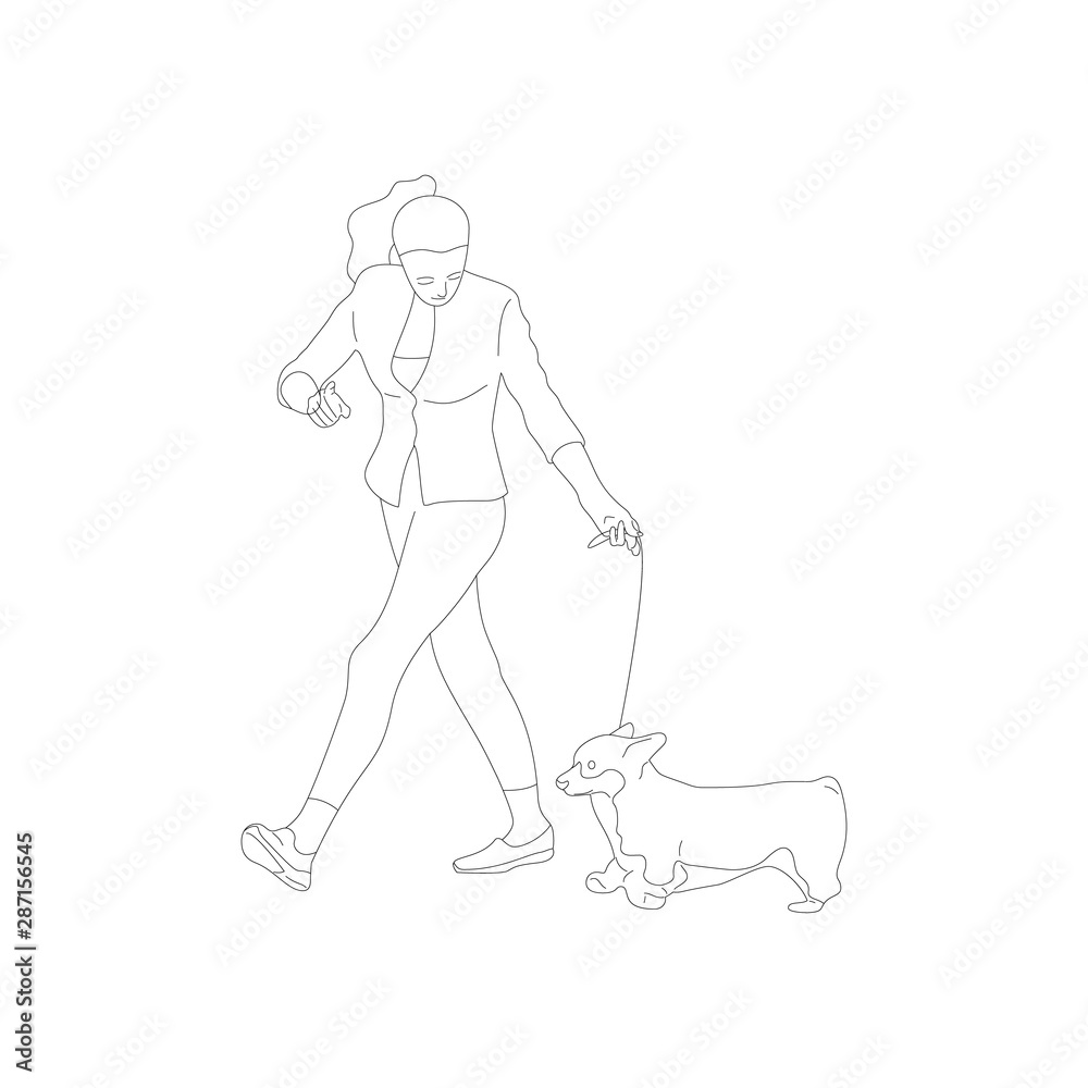 Young girl is walking with a corgi dog on a leash. Isolated on white background. Flat style cartoon stock vector illustration..