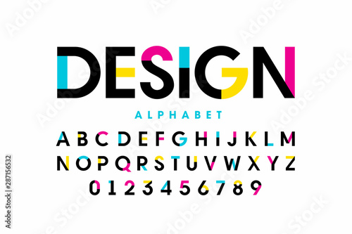 Modern bright colorful font design, alphabet letters and numbers photo