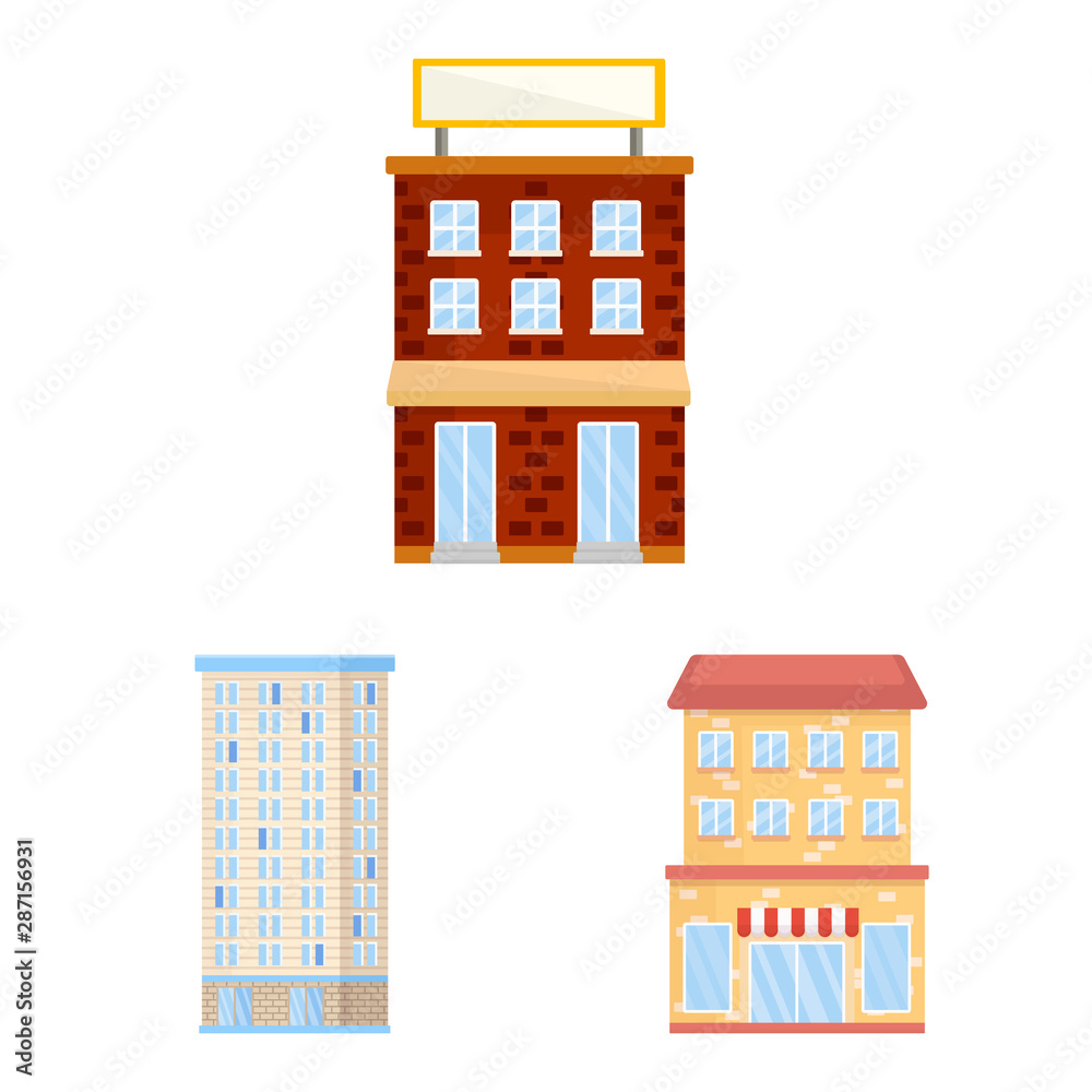 Vector illustration of facade and building logo. Set of facade and exterior vector icon for stock.