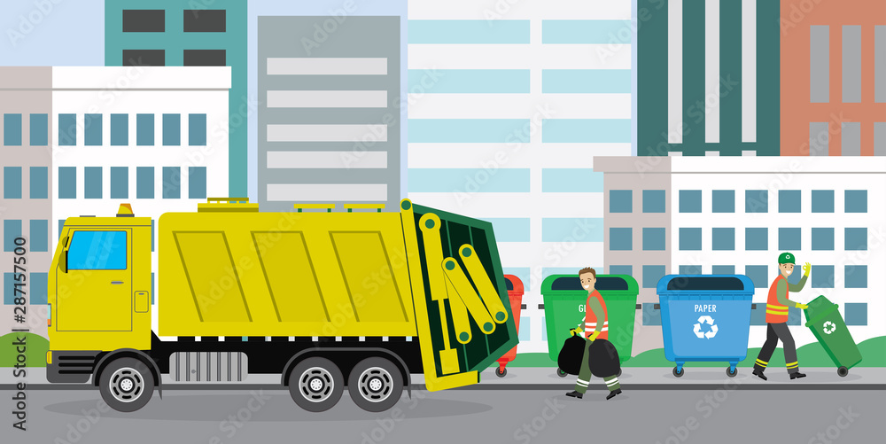 Naklejka premium City waste recycling concept with garbage truck and garbage collectors on urban background