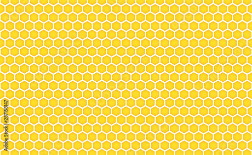 Abstract honeycomb repeated pattern in golden yellow. Geometric background or seamless pattern inspiration of hexagons, prismatic cells similar to beeswax frames or hive frames built by honey bees.