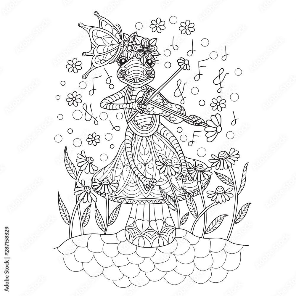 Hand drawn sketch illustration of frog playing violin for adult coloring book. Hand drawn sketch illustration of frog playing violin for adult coloring book.