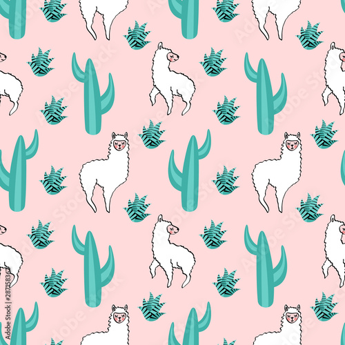 Pattern with lama and cactus on pink background
