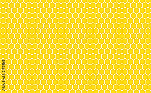 Abstract honeycomb repeated pattern in golden yellow. Geometric background or seamless pattern inspiration of hexagons, prismatic cells similar to beeswax frames or hive frames built by honey bees.