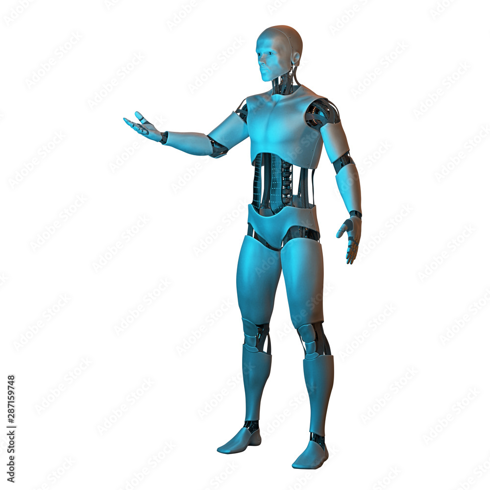 futuristic robot, male android presenting an empty space, isolated on white background (3d illustration)