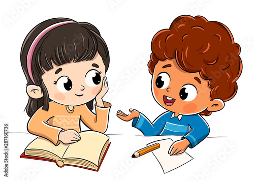 Boy and girl talking in class talkingImprimir
