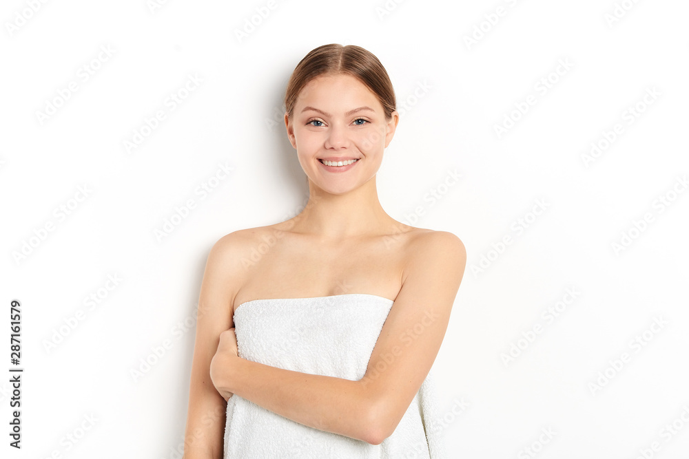 happy awesome girl after taking a shower, woman has received beauty treatmnet in the beauty shop. close up portrait happy awesome girl after taking a shower, woman has received beauty treatmnet in the beauty shop. close up portrait