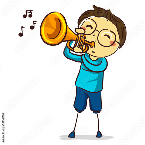 Vector Illustration of Stick Kid Figure Boy playing Trumpet