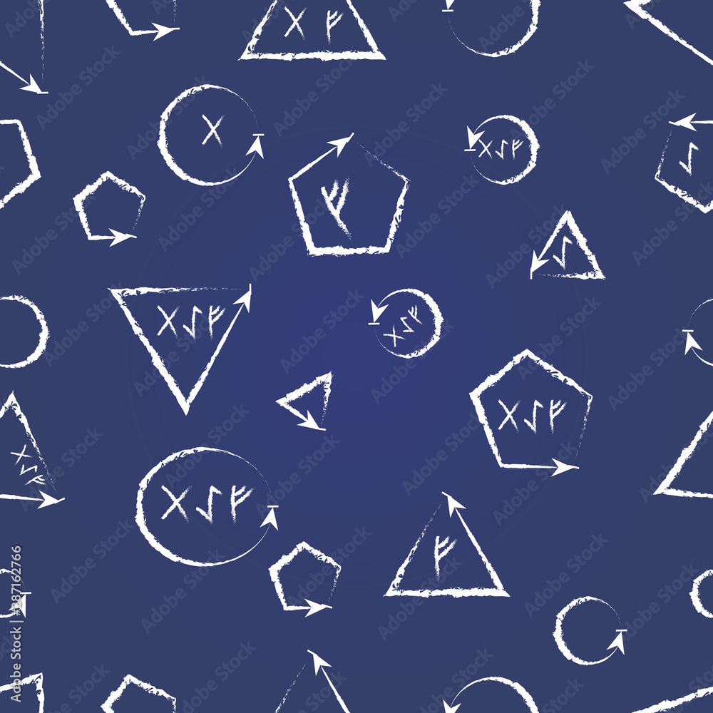 geometric shapes with characters from letters on a blue background for creativity