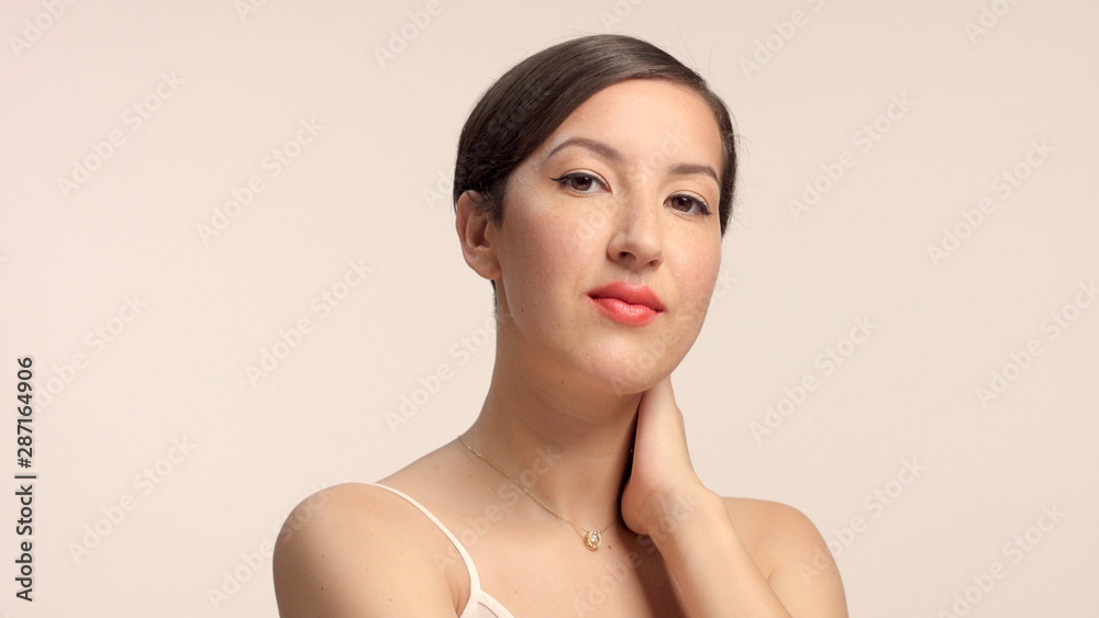 beauty brunette with short haircut model in studio alone with ideal shiny skin watching to the camera calm ambient, studio shoot beauty brunette with short haircut model in studio alone with ideal shiny skin watching to the camera calm ambient, studio shoot