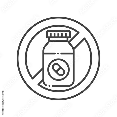 Pill bottle allergy line black icon. Allergic reaction to drug. Medication intolerance. Hypersensitivity to the individual components of the product. Vector isolated element. Editable stroke.