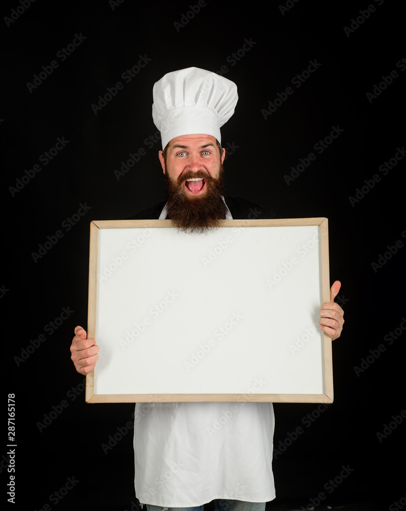Today's menu. Bearded man cook or chef with empty board. Head chef holds blank board. Chef cook invite you on lunch menu. Restaurant menu empty poster. Restaurant chef showing menu blackboard sign. Today's menu. Bearded man cook or chef with empty board. Head chef holds blank board. Chef cook invite you on lunch menu. Restaurant menu empty poster. Restaurant chef showing menu blackboard sign.