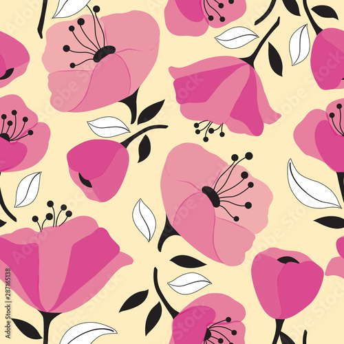 Pink flowers seamless pattern on yellow background. 