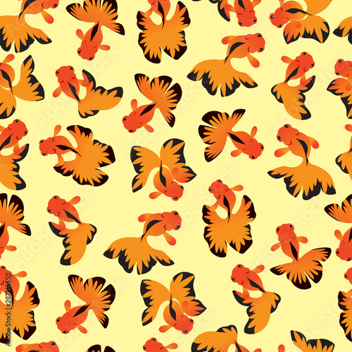 Goldfish seamless pattern on yellow background. 