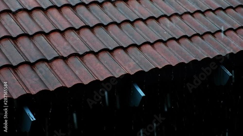 Rainy Day Concept. Rain Falling into the Roof. Static and Handheld