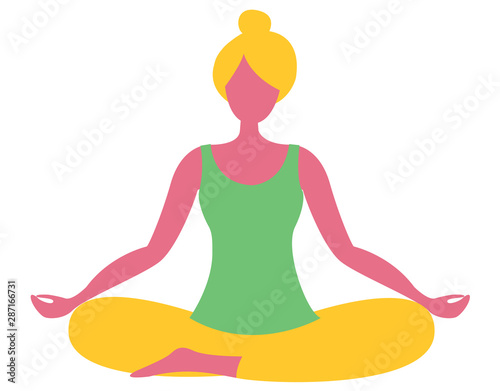 Girl is doing yoga sitting in lotus position. The girl meditates. Modern flat design concept of yoga. Bright vector illustration isolated on white background.