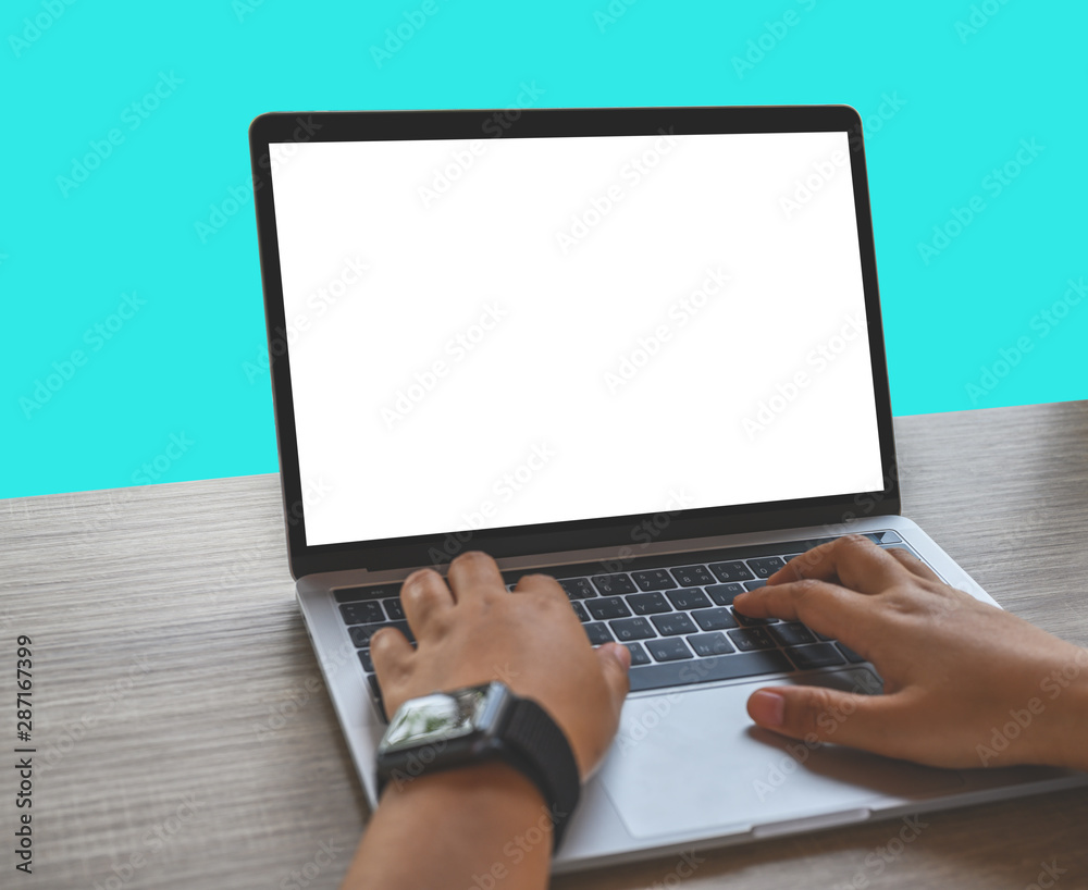 Business woman's hands are using Laptop Computer with Message Online Chat Social Text Global Letters , business concept, Notebook mockup blank white screen. Business woman's hands are using Laptop Computer with Message Online Chat Social Text Global Letters , business concept, Notebook mockup blank white screen.