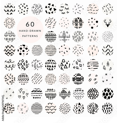 60 Vector Abstract Hand Drawn Doodle Pattern Swatches Collections. Geometric, Aztec, Tribal, Floral, Dots, Stripes, Drops, Flowers, Swirls, Sands, Spots. Illustration