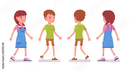 Boy and girl child 7 to 9 years old, active school age male and female kid walking, wearing bright summer outfit. Vector flat style cartoon illustration isolated on white background, front, rear view