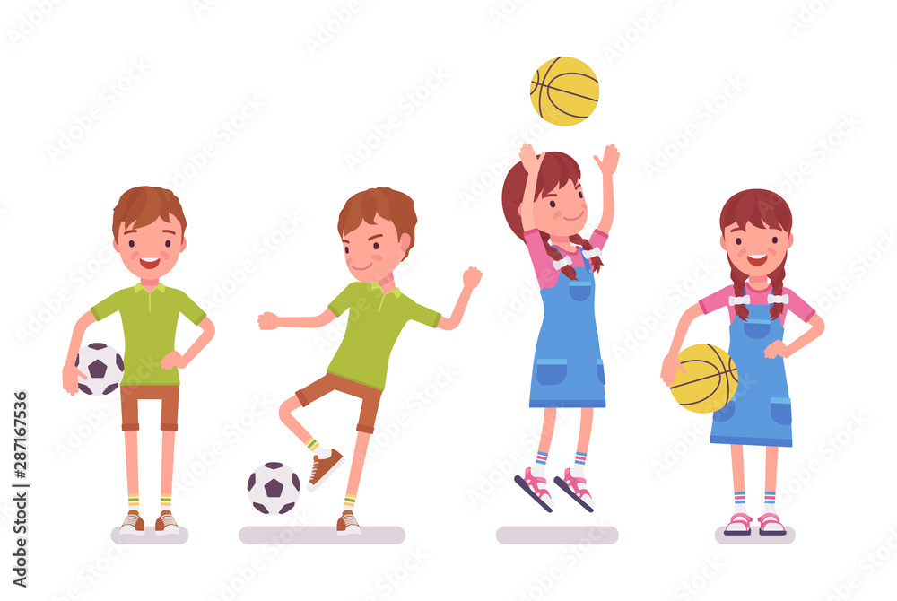 Boy, girl child 7 to 9 years old, school age kid sport activity. Happy  young athletes playing football and basketball game. Vector flat style  cartoon illustration isolated on white background Stock Vector