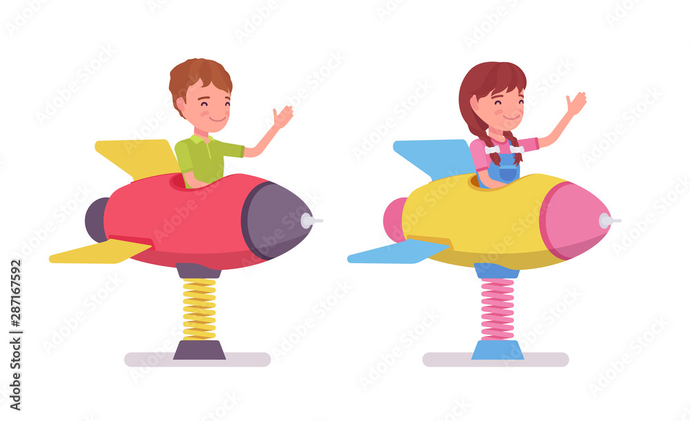 Boy, girl child 7, 9 yo school age kid, rocket spring rider. Active amusement bouncy spaceship fun, entertainment on playground. Vector flat style cartoon illustration isolated, white background Boy, girl child 7, 9 yo school age kid, rocket spring rider. Active amusement bouncy spaceship fun, entertainment on playground. Vector flat style cartoon illustration isolated, white background