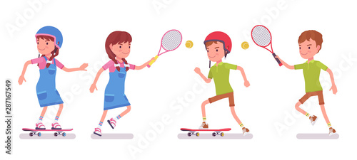Boy, girl child 7 to 9 years old, school age kid sport activity. Happy young athletes playing big tennis and skateboarding for fun. Vector flat style cartoon illustration isolated on white background