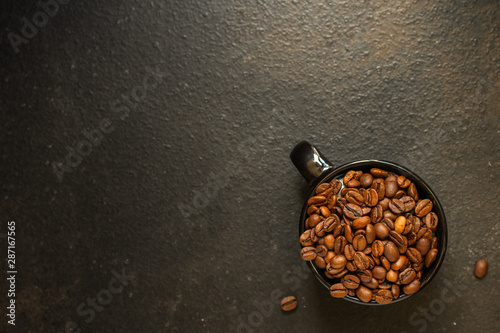 coffee beans drink and sprinkle coffee on the table. food background. top. copy space